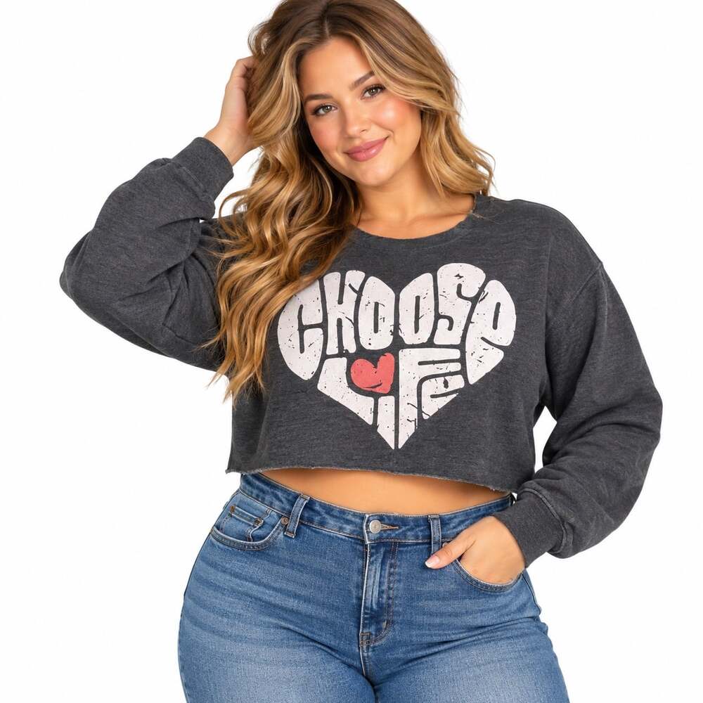 Womens Choose Life Heart Crop Sweatshirt Gray Cutoff Long Sleeve Pullover